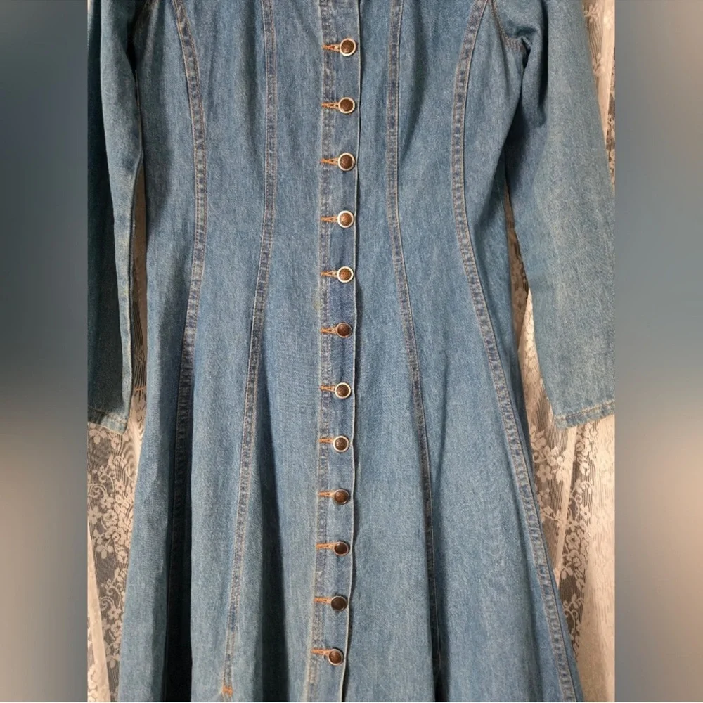 Vintage 1980s Pashu Denim Button Front Dress | Fitted Midi | Long Sleeve - Picture 4 of 9